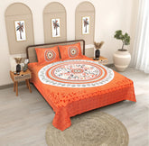 Loroco Sunset Mandala Jaipuri Flat Double Bedsheet - Vibrant Orange 100% Cotton (90x100)